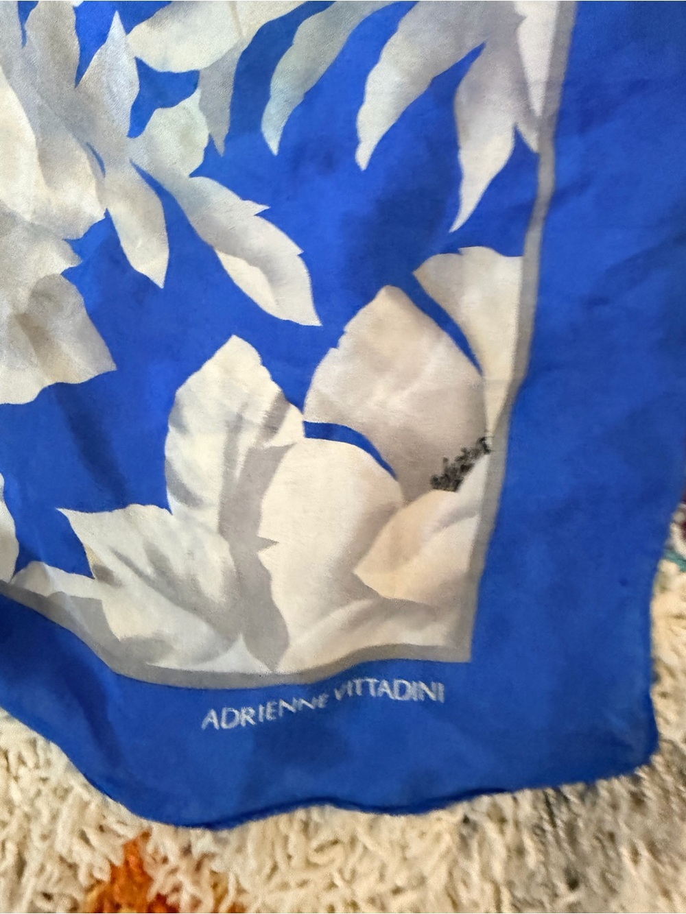 *Vintage Adrienne Vittadini Royal Blue and White Floral Silk Scarf